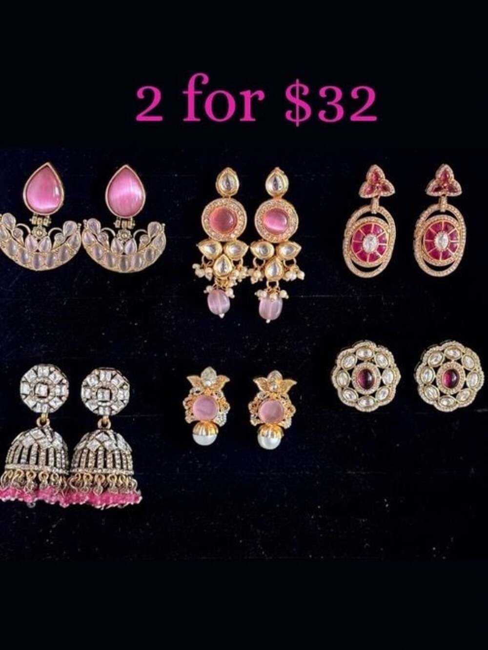 Free with $50 purchase | Pink Statement Earrings. Catseye, pearls, kundan, studs